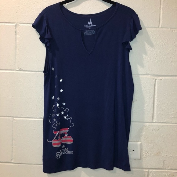 Disney Park Blue Mickey Mouse US Flag Epcot Showcase Short Sleeve Top Size XL - Picture 1 of 9